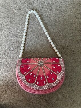 Pink Beaded Citrus Half-Moon Shoulder Bag with Pearl Handle
